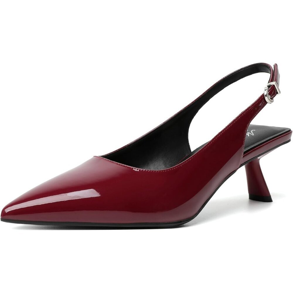 Women's Burgundy Pointed Toe Pumps Patent Leather Low Heel Slingback with Buckle
